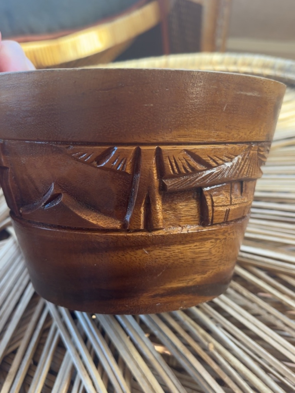 Vintage Hand Carved Hawaiian Wooden Bowl with Tropical Motif - Brown